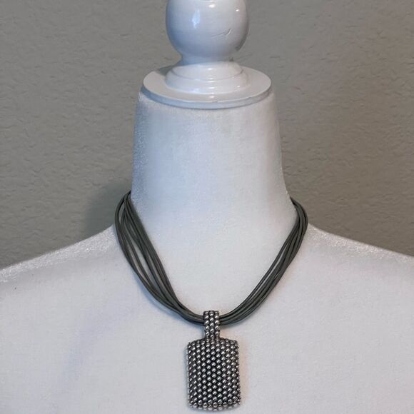 Artisan Olive Leather and Stamped Silver Pendant Necklace - Picture 9 of 15
